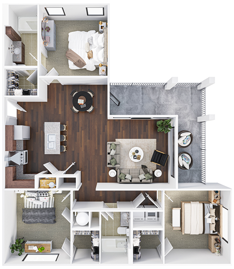 3 Bedroom 2 Bath Floor Plan at Harbor Island Apartments, Memphis
